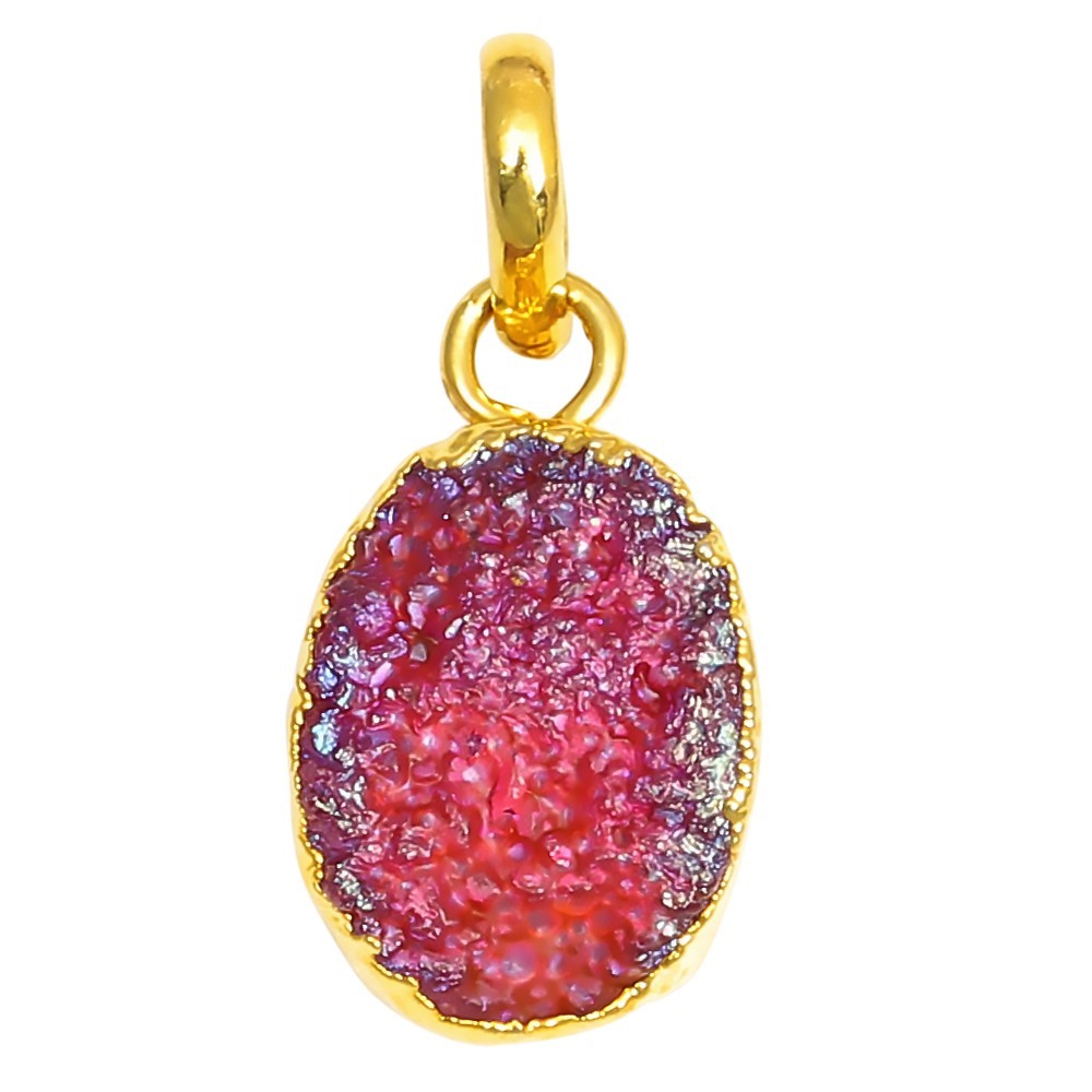 Pendant Red Sunshine Drusy 14CT Gold Plated Silver Jewelry 1.5”