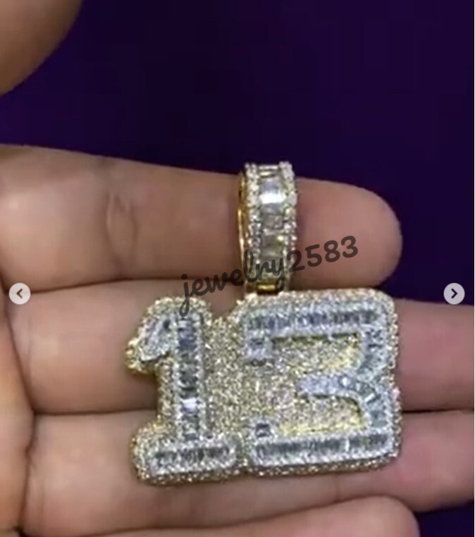 Men’s 2.76Ct Baguette Simulated Diamond Custom Number 13 Pendant 925 Silver