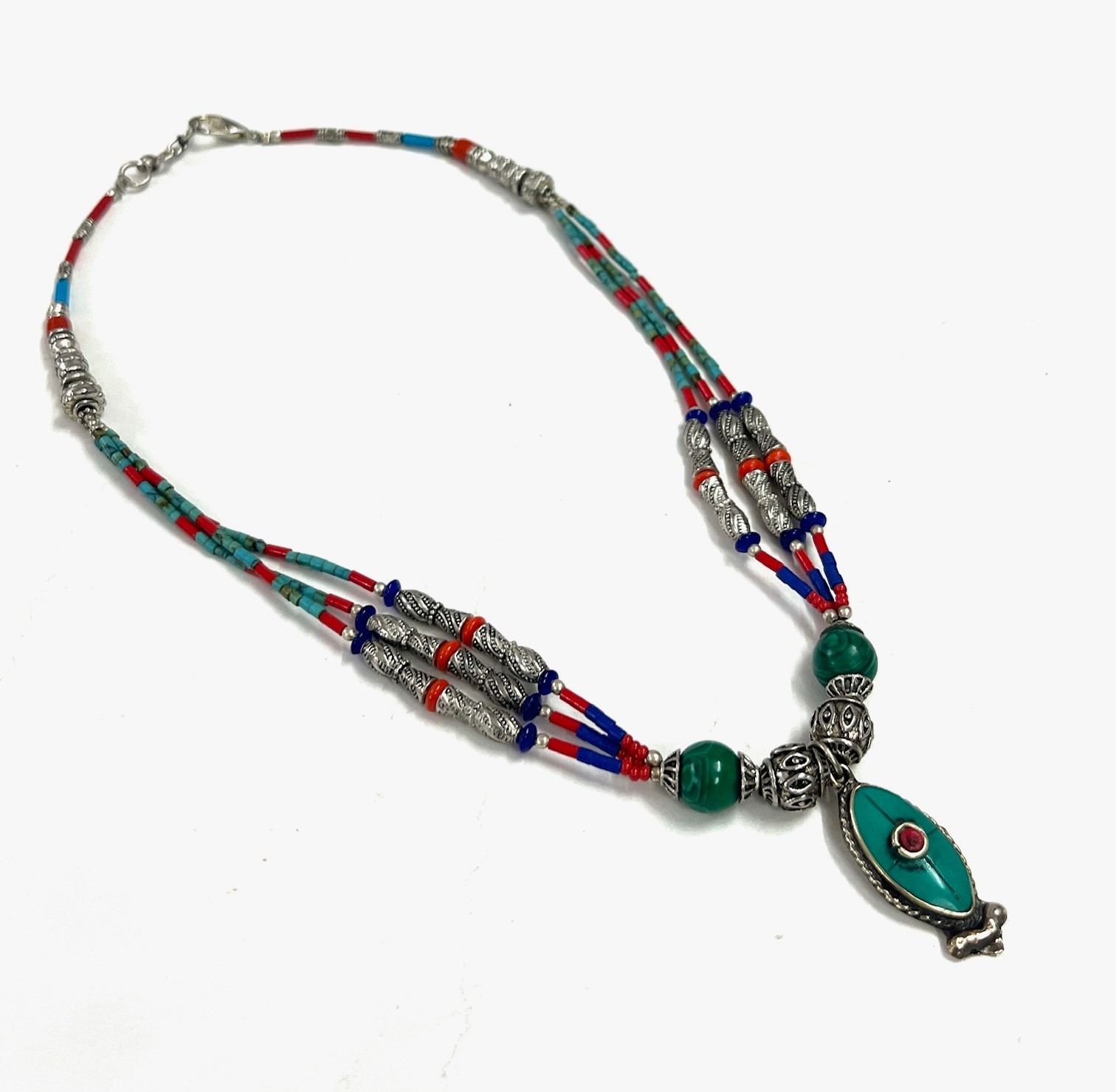 Ethnic Turquoise Coral Gemstone Tibetan Bohemian Necklace Jewelry, 16 Inch Adjs