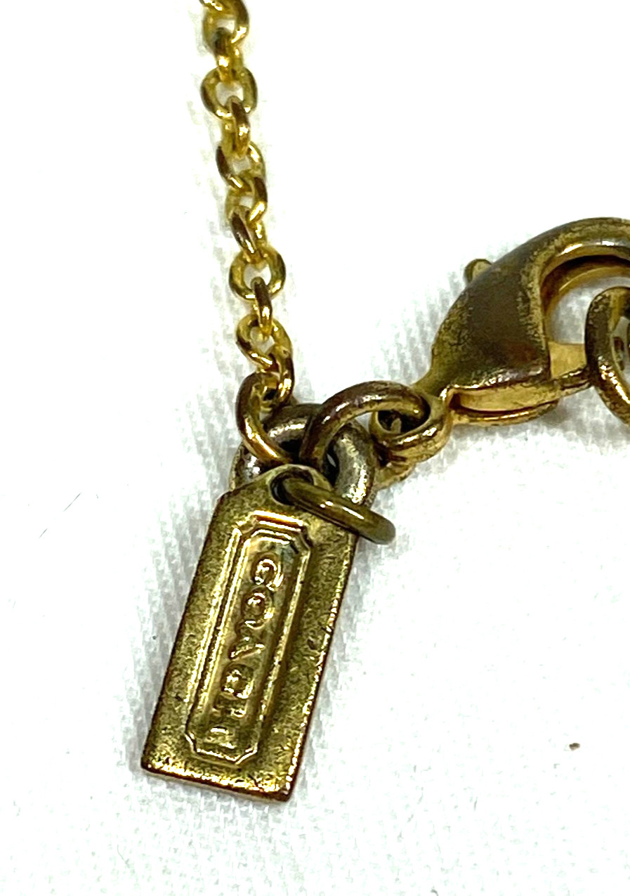 Coach Gold Tone Charm Necklace Heart With Clear Crystals Small Heart Crystal ++