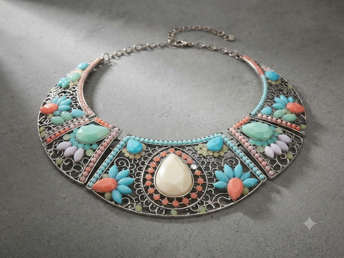 Retro Statement Collar Necklace Multi Color Beads Antique Silver Plated