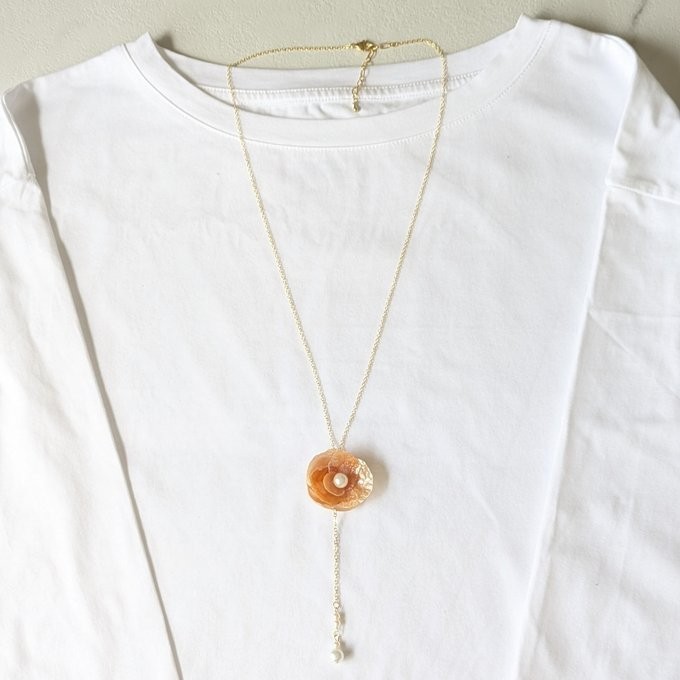 Handmade Japanese Orange Shell Flower Y-Necklace, Coastal Boho Pearl Lariat Jewe