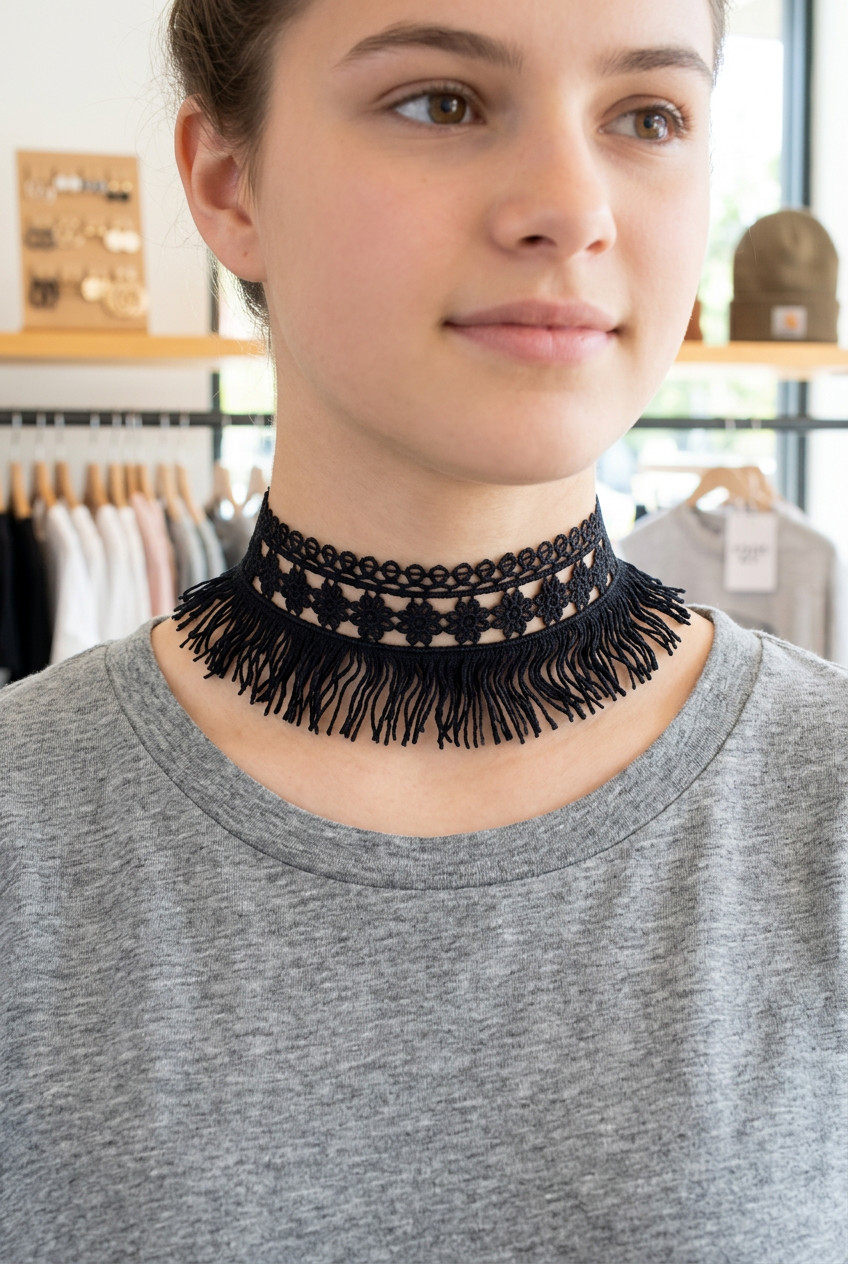 Women Tassel Strand Fringes Cool Style Fashion Black Fabric Choker Necklace