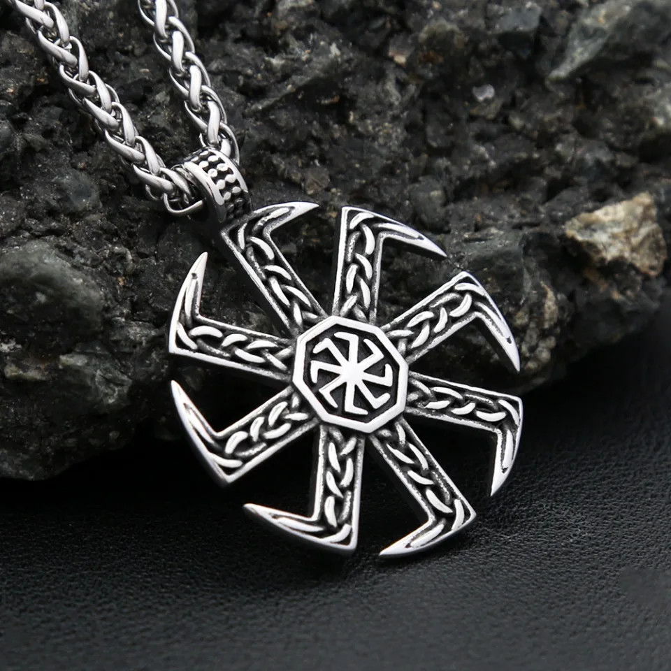 Vintage Stainless Steel Sun Wheel Symbol Pendant Necklace Retro Unisex Fashion J