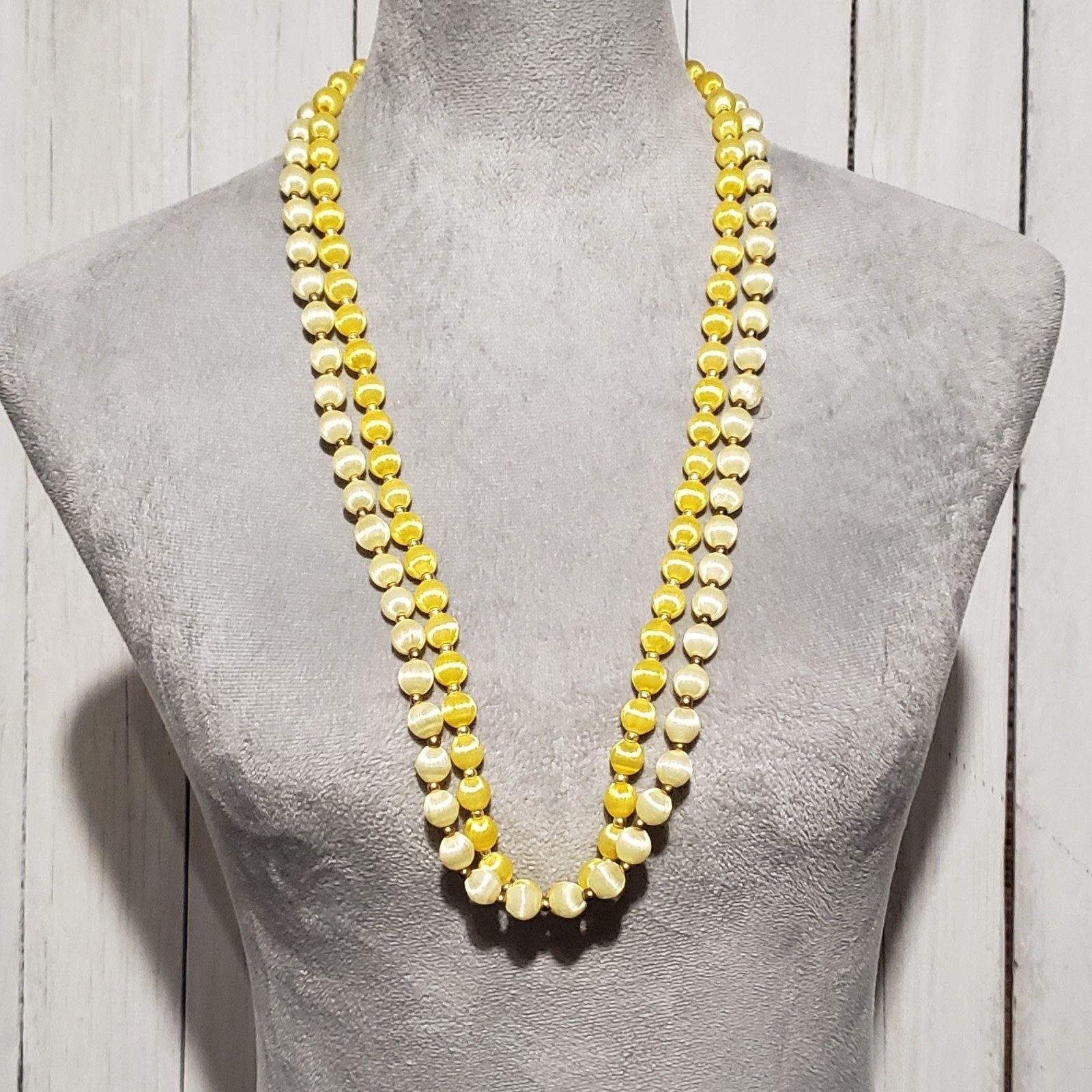 VTG Bead Necklaces Set of 2 Yellow Silk Satin Wrapped Boho Coquette Retro Artsy