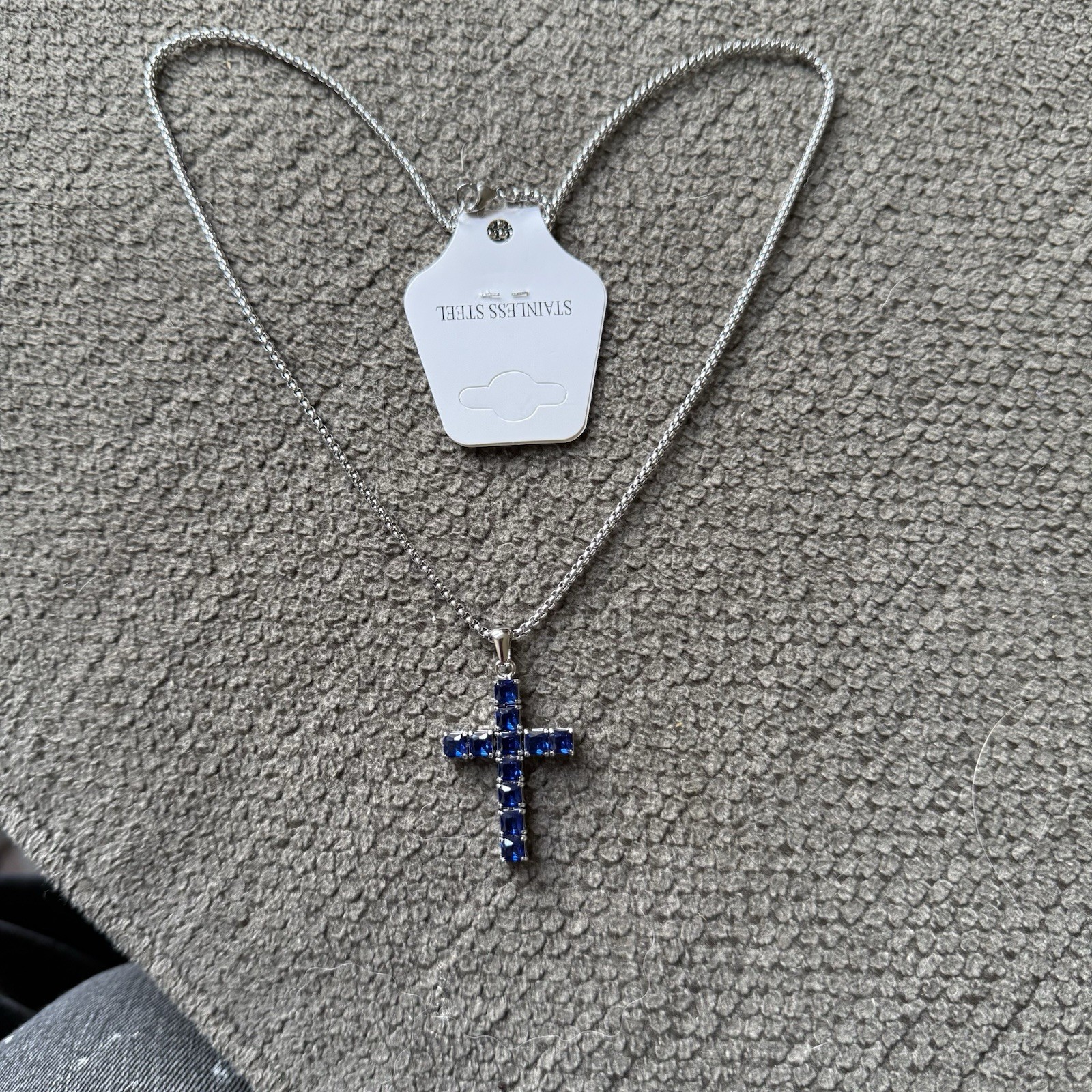 Silver Tone Box Chain Necklace Blue Crystal Cross Pendant Prong Set