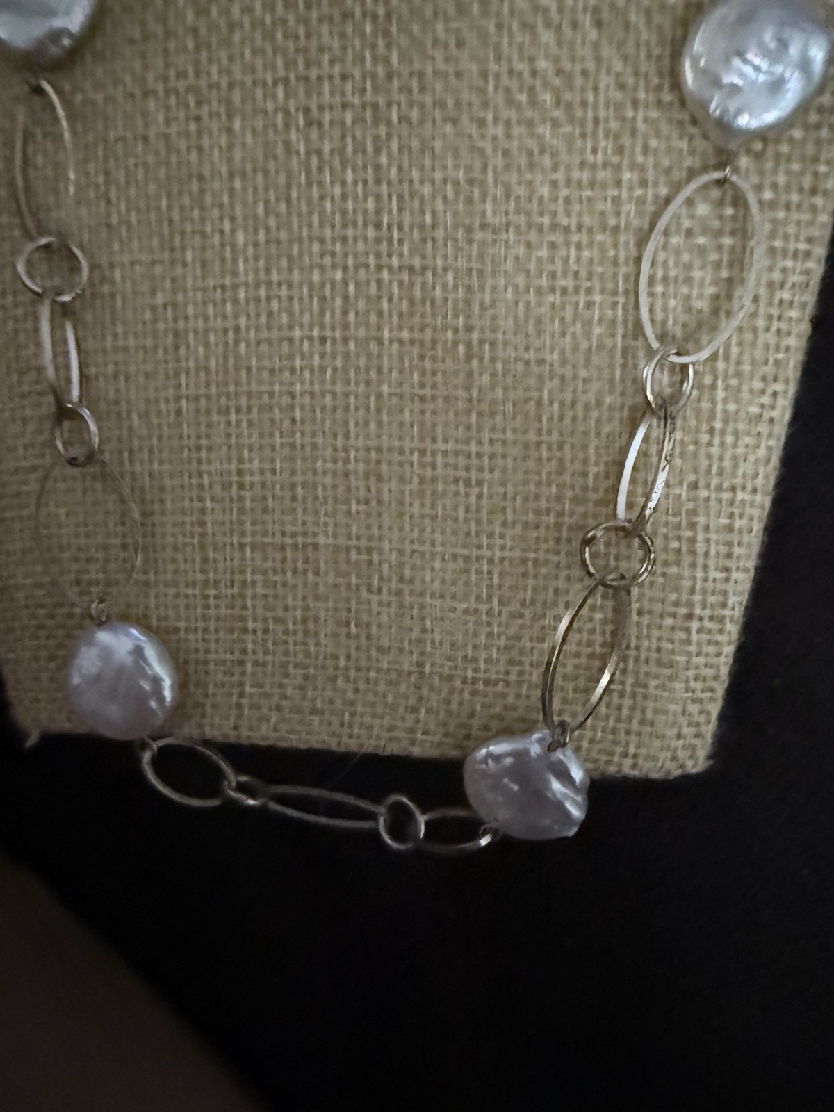 Silver Tone Oval Link Station Necklace Baroque White Pearl Chain