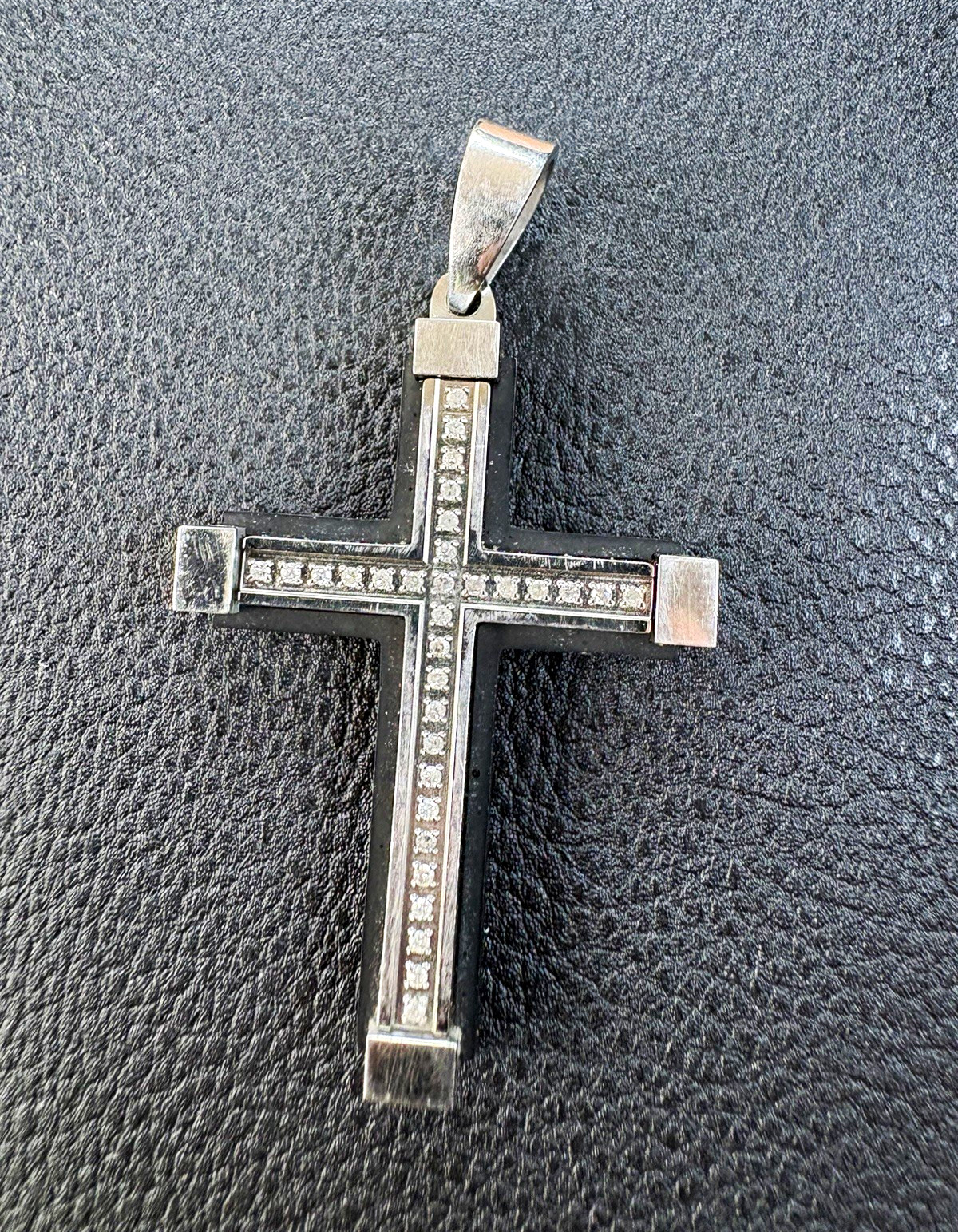 Silver stainless steel Cross Charm Pendant w/ Bail, Channel-Set Square diamonds