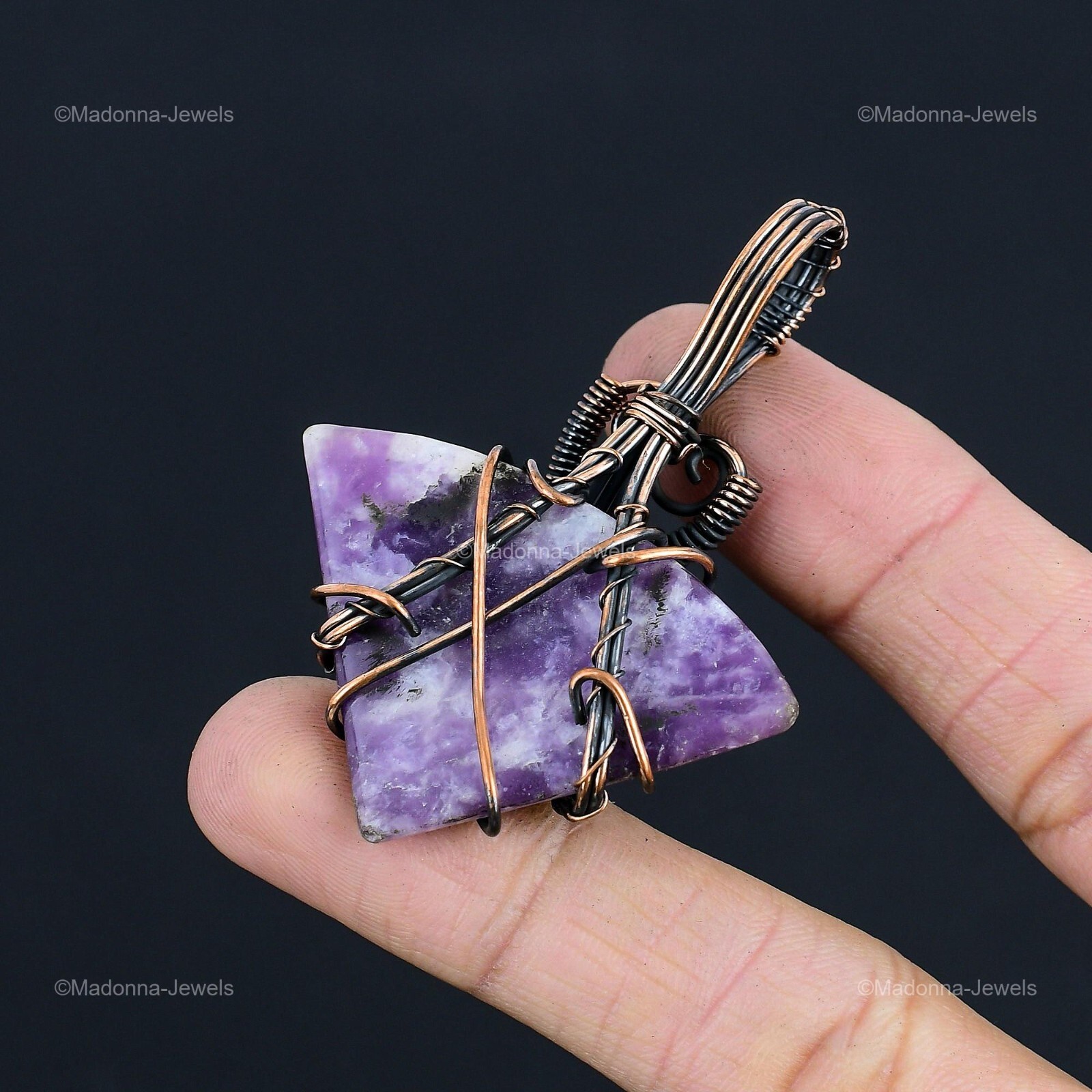 Trillion Lepidolite Gemstone Birthday Wire Wrapped Mother Pendant Jewelry Copper