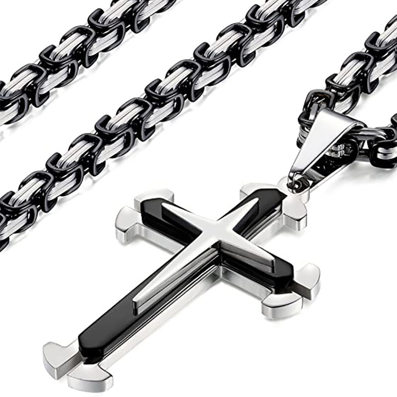 Mens Chain Silver Black Byzantine Box Stainless Steel Cross Pendant Necklace 22″