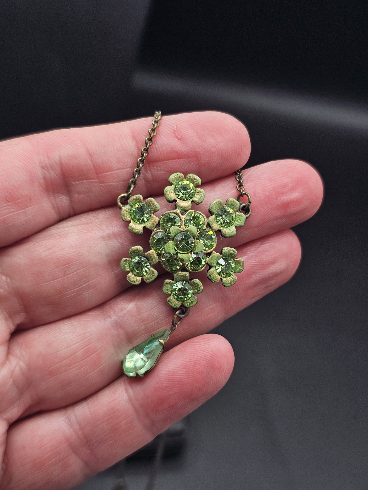 Signed Michal Negrin Peridot Green Swarovski Crystal Floral Necklace Bronze Tone