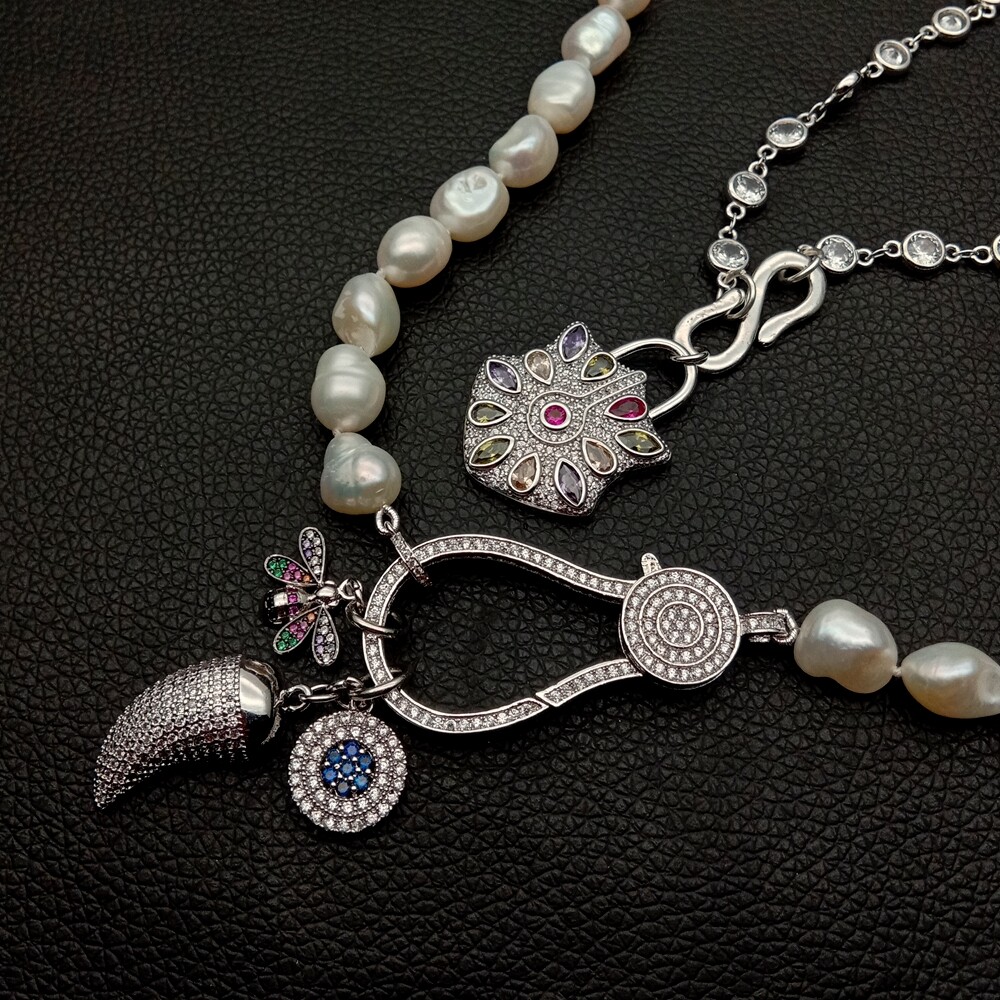 2 rows Cultured White Baroque Pearl Cz pave Drop Charm Necklace 19”