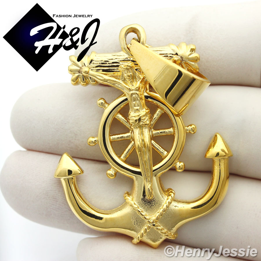 24″Stainless Steel 8mm Gold Plated Interlock Chain Anchor Cross Pendant*P58