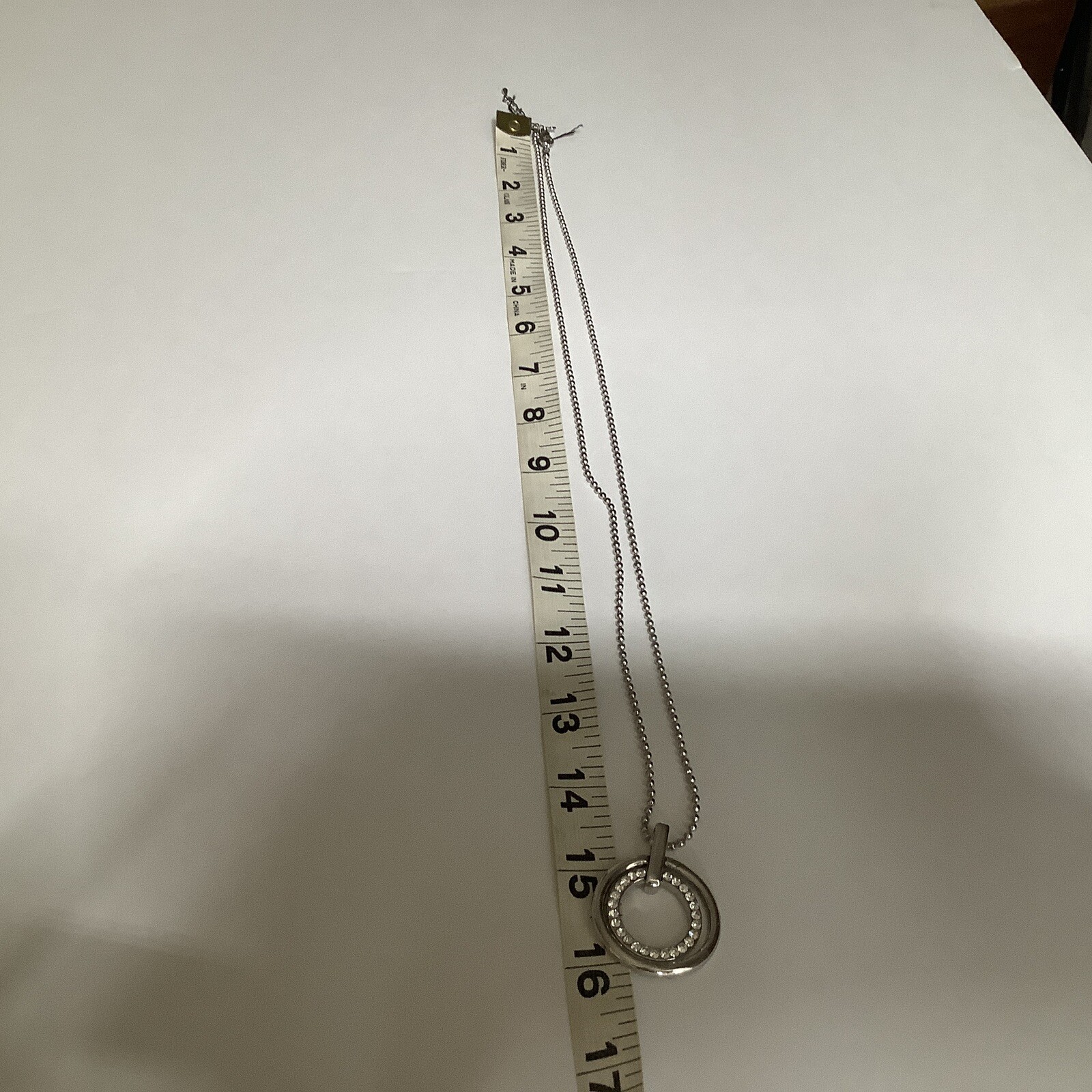 Cookie Lee Silver Tone 2 Circle Hoop RhinestonePendant Necklace 32″ total
