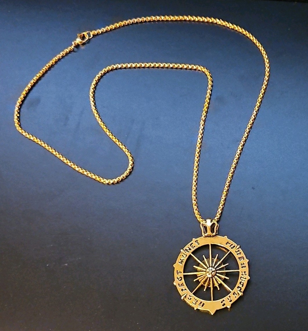 Gold Tone Metal Round Compass Pendant Chain Necklace, No Stone