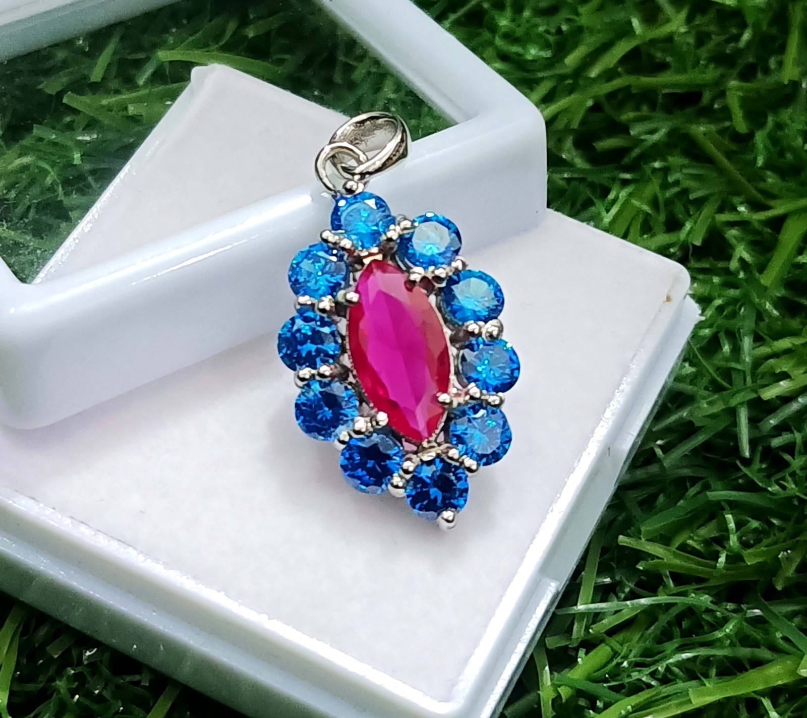 15 Ct Ruby Marquise Cut & Blue Sapphire Pendant 925 Sterling Silver With Chain