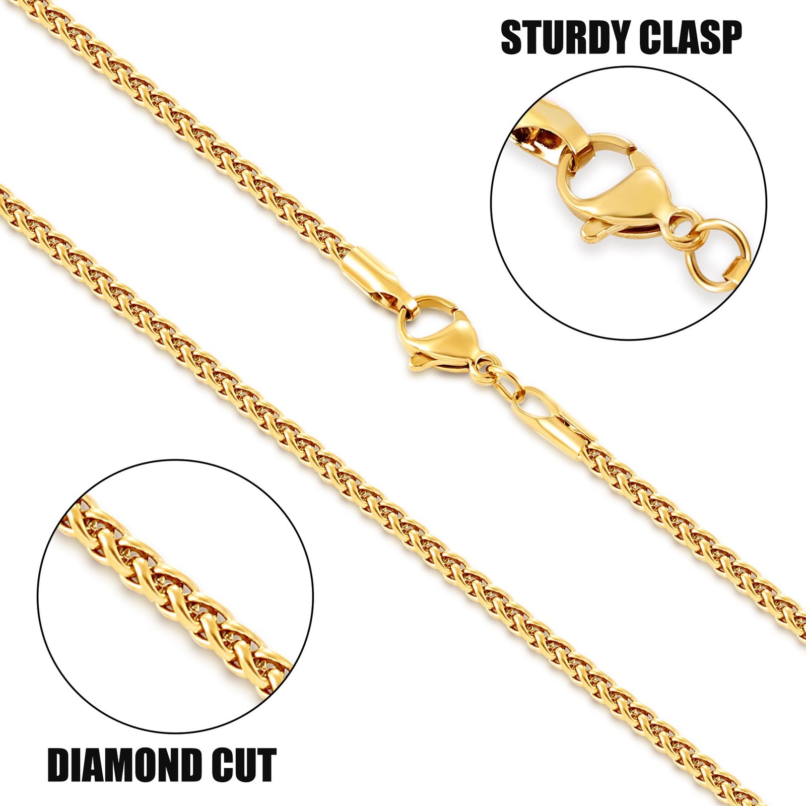 14K Gold Plated Wheat Chain Necklace for Men, 2mm 14K Gold Plated Stainless S…