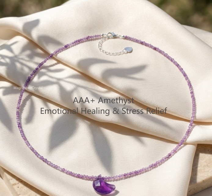 Genuine Amethyst Moon Pendant Choker Dainty Purple Crystal Necklace Women Gift