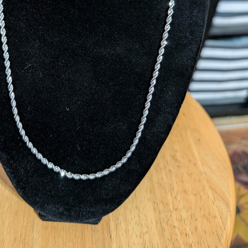 Silver Tone Rope Chain Necklace, Lobster Clasp Closure, No Stone, Undated Era