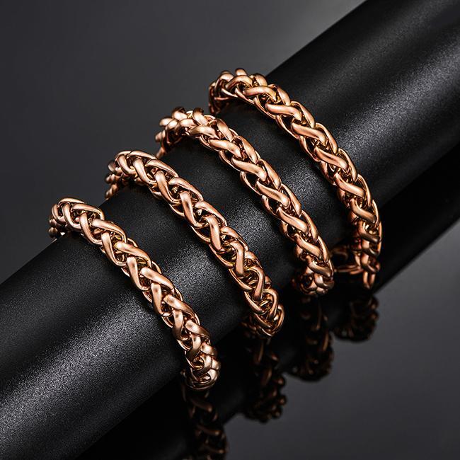 Braided Wheat Link 3-7mm Mens Chain Rose Gold Stainless Steel Necklace Gift