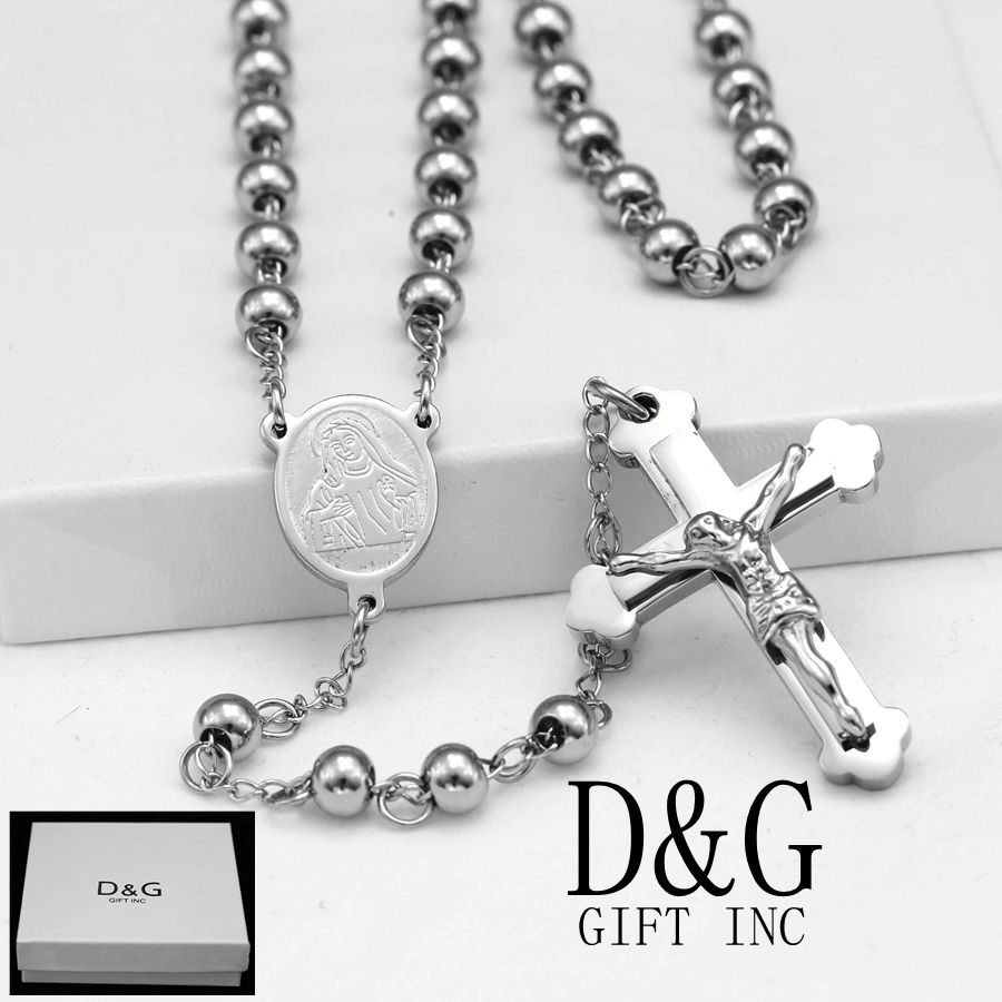 DG 26″ Stainless-Steel 6mm Beaded Rosary VIRGIN MARY+ JESUS CROSS Necklace + BOX