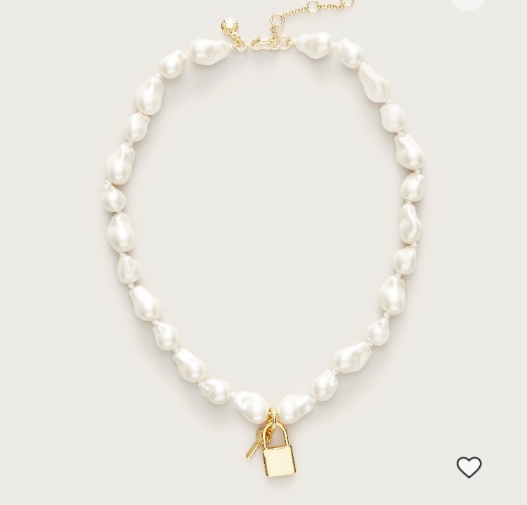 NWT J Crew White Baroque Pearl Beaded Necklace Gold Tone Padlock Key Charm
