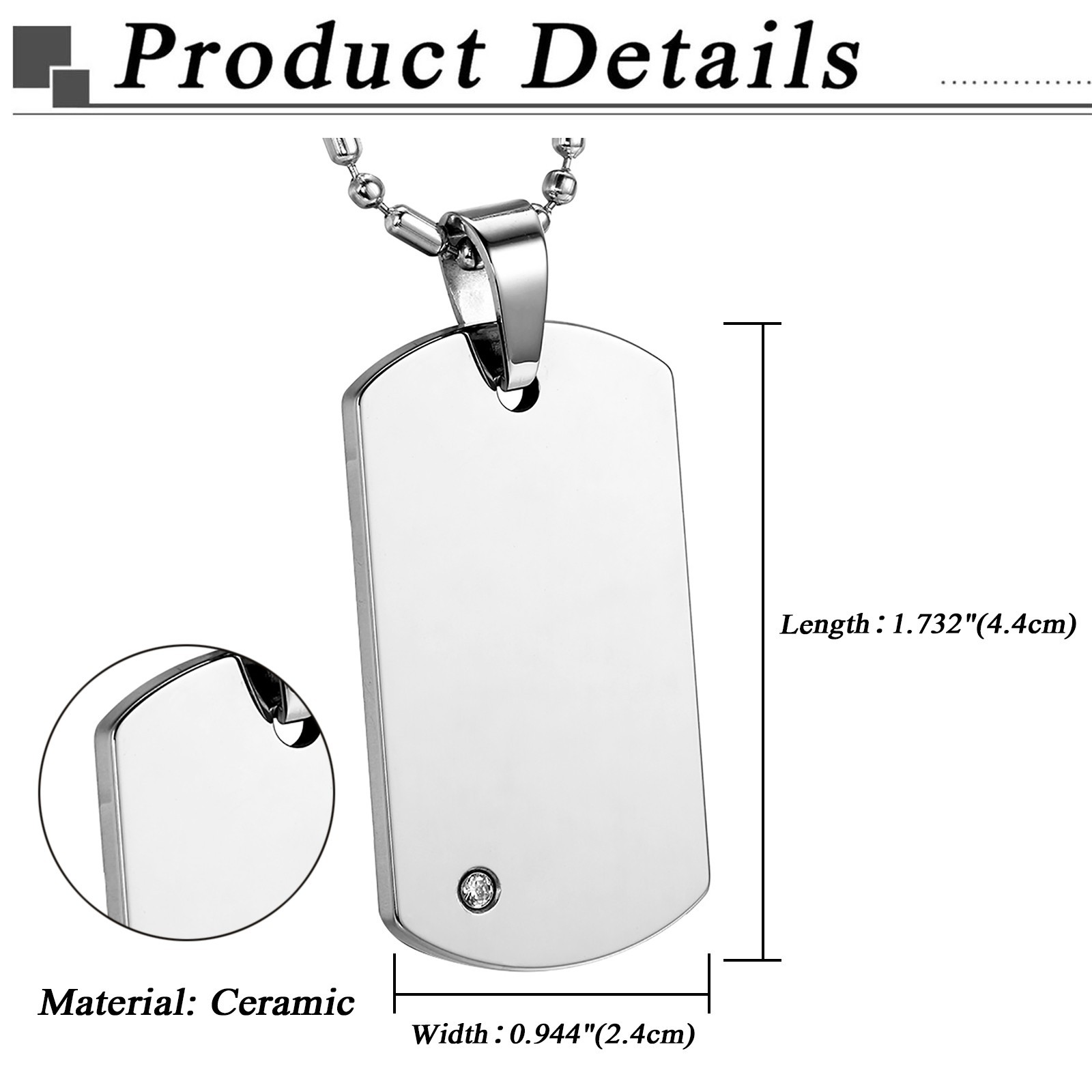 Men Boys Polished Tungsten Carbide Dog Tag Pendant Stainless Steel Necklace 22″