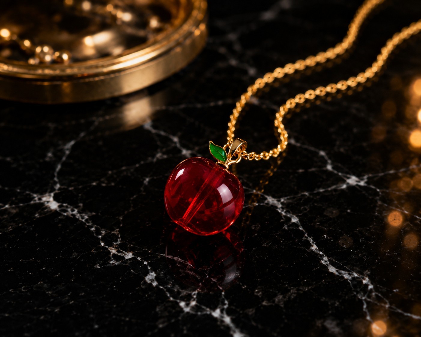 Red Apple Pendant Necklace Gold Plated Chain Glass Fruit Charm Cute Gift 18″