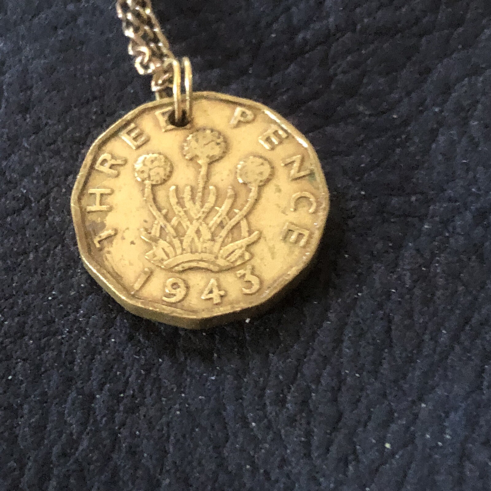 Vintage 1943 Three Pence Coin Pendant London King George VI WWII Necklace