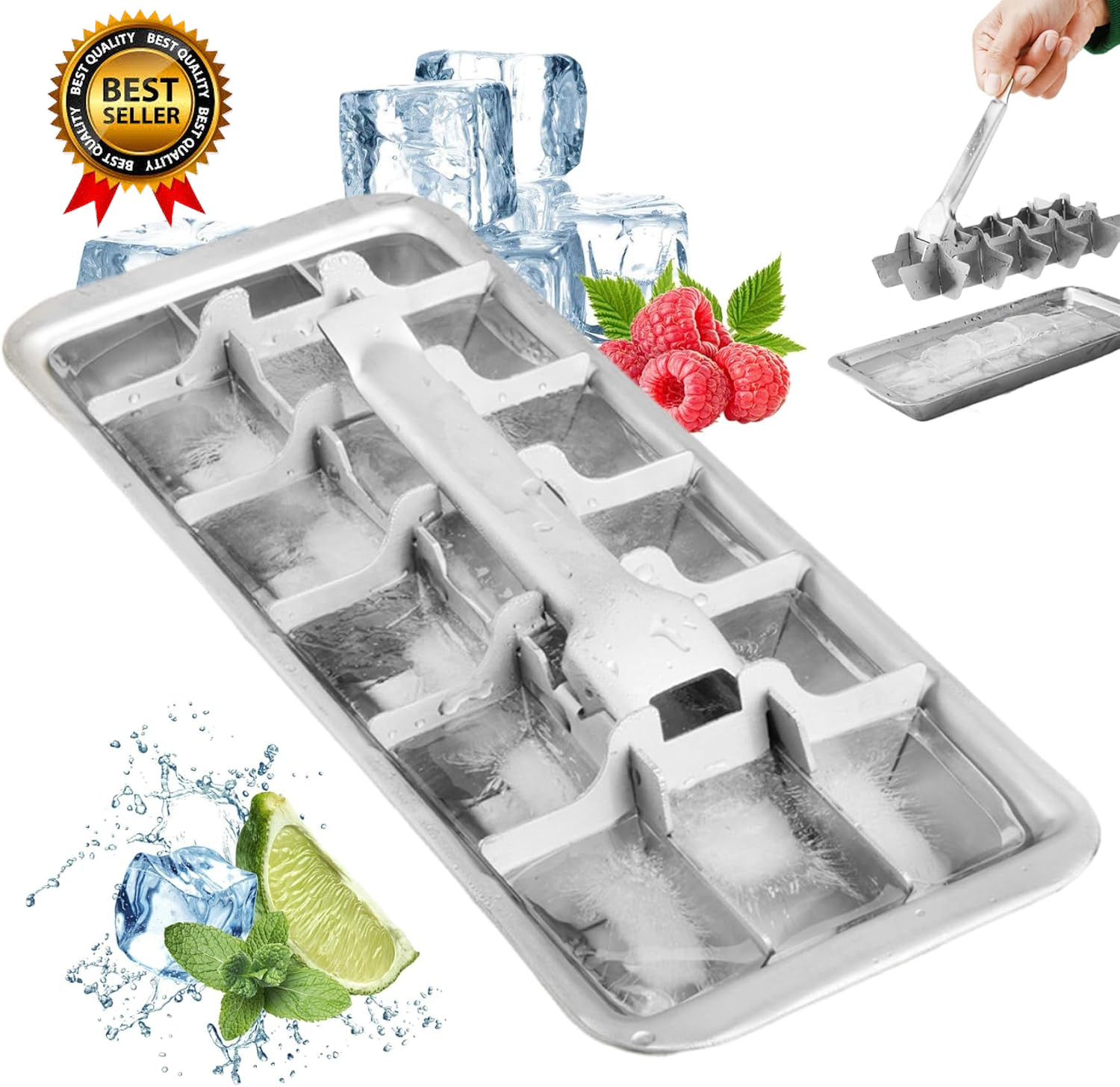 Stainless Steel & Metal Ice Cube Trays with Handle – 18-Slot Small Ice Cube Mold