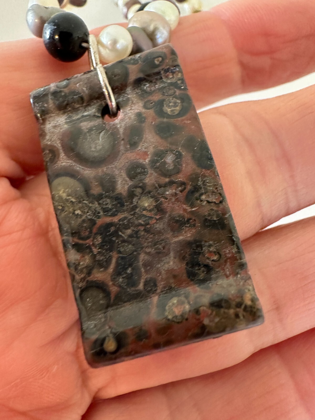 Paintbrush Jasper Pearl Necklace Pendant Asian Moon Sterling Silver Iridescent