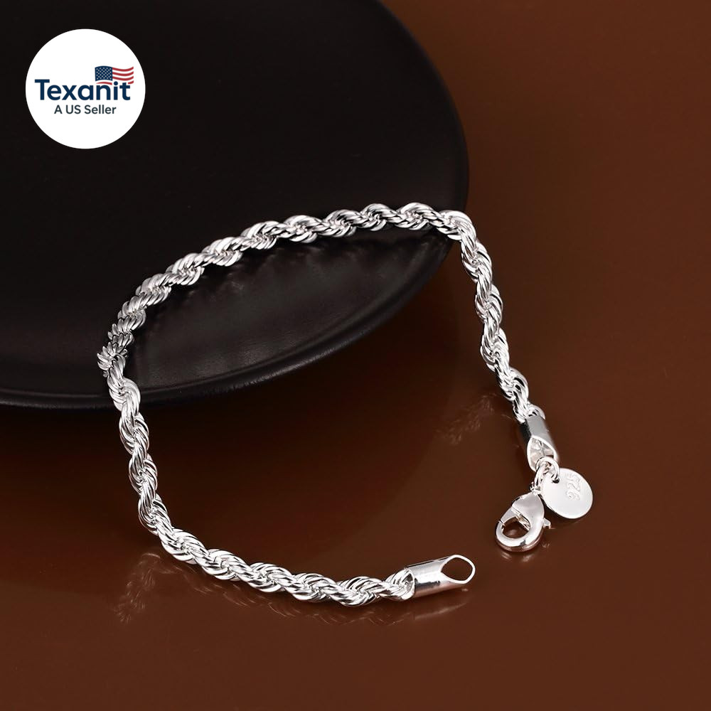 Fashion Jewelry 925 Sterling Silver 4 Mm Twisted French Rope Chain Bracelet Size