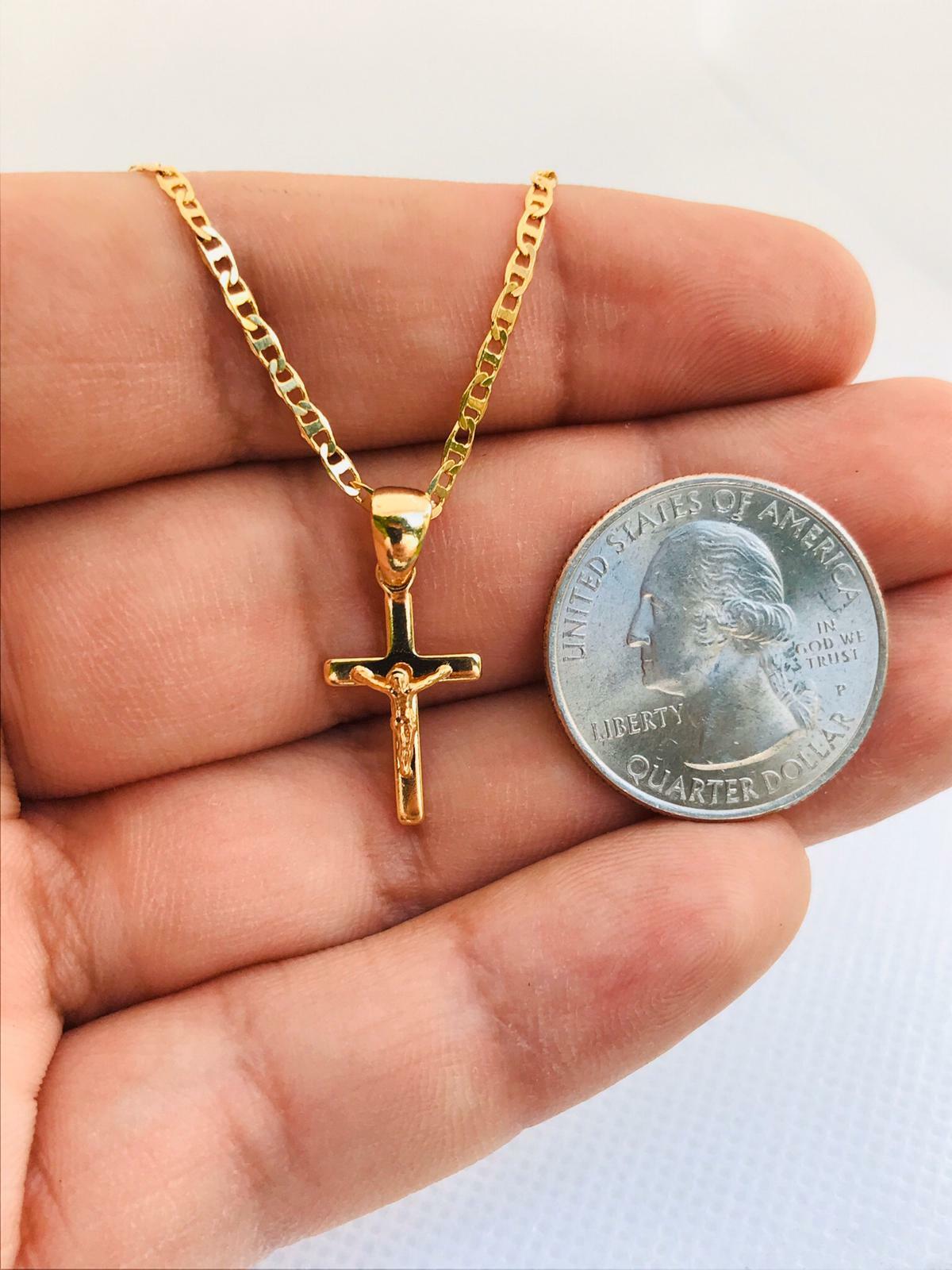 Kids Cross Necklace Chain 18K Gold Filled Jesus Pendant 19x11mm, Dije de Cruz