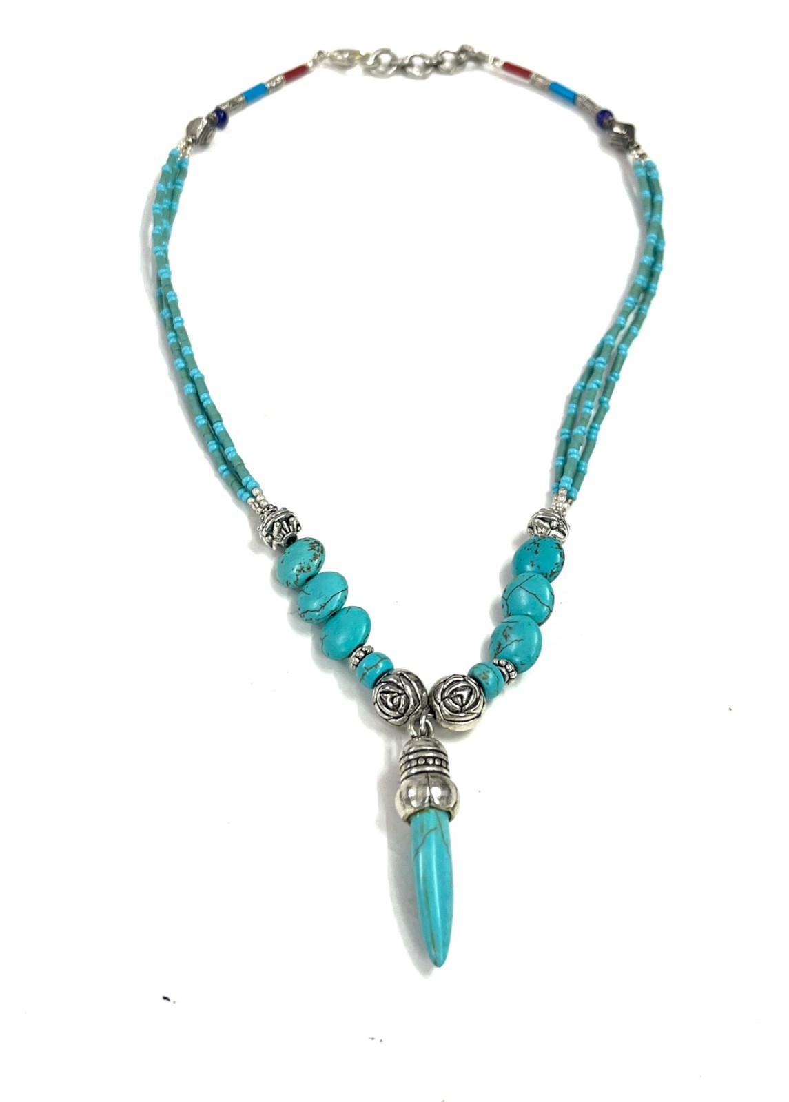 Ethnic Turquoise Gemstone Nepalese Statement Necklace Jewelry, 18 inch