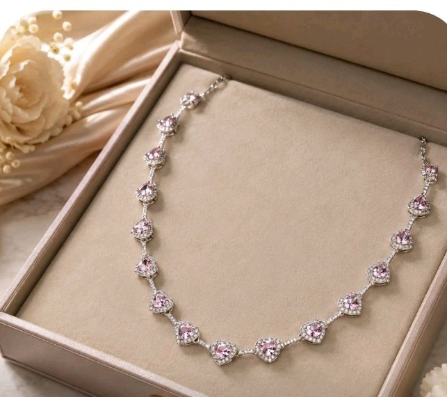 14k White Gold Plated Pink Heart Austrian Crystals C Zirconia Iconic Necklace