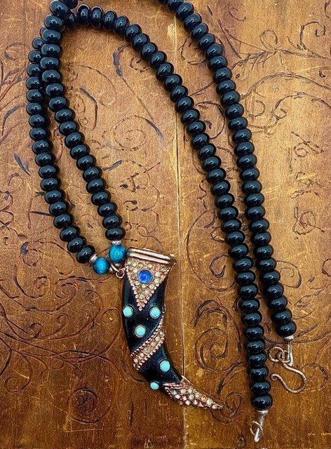 Black Gold Tone NecklaceHorn Pendant Blue Accents Black Beaded Unisex Adult