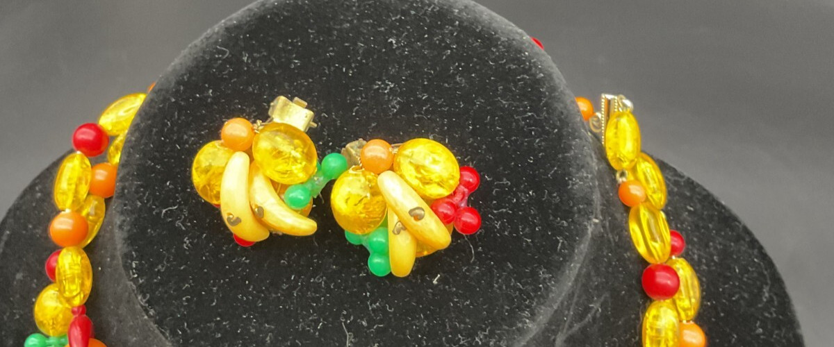 Vintage Yellow West Germany Fruit 2 Strand Necklace w/Matching Earrings