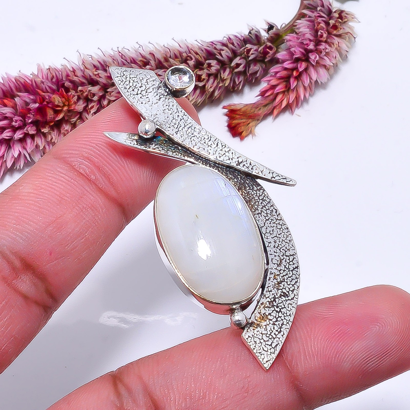 Rainbow Moonstone – India Designer Handmade 925 Sterling Silver Pendant 2.26″ P3