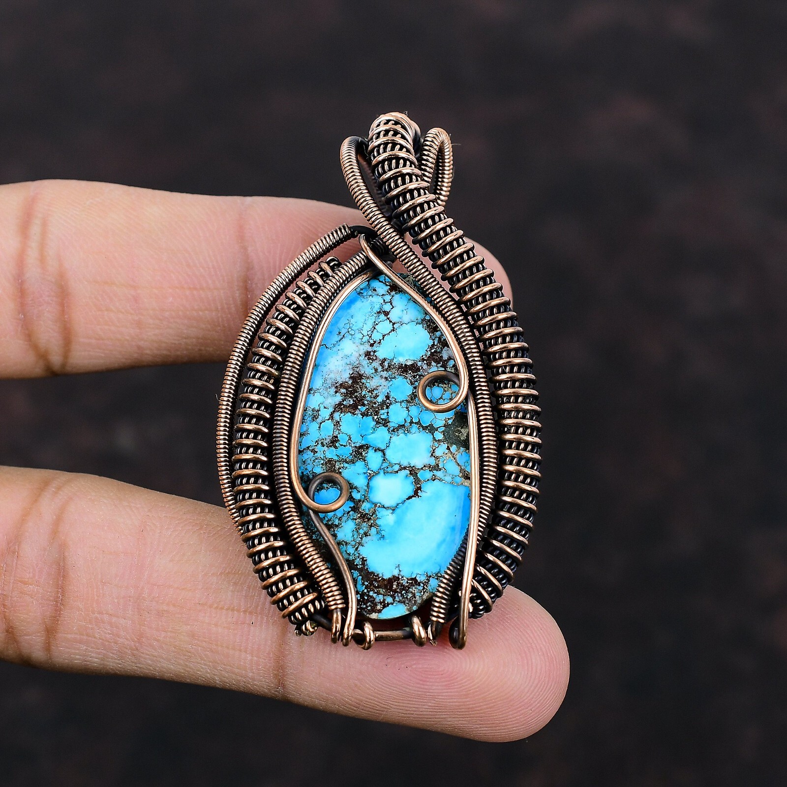 Tibetan Turquoise Copper Gift For Friend Wire Wrapped Pendant 2.36″