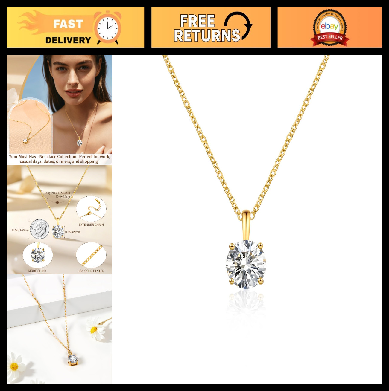 2-Carat Cubic Zirconia Heart & Round Pendant Necklace, 18K Gold-Plated for Women