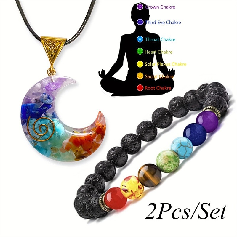2Pcs Natural 7Chakra Gemstone Ball Bracelet& Moon Necklace Pendant C387