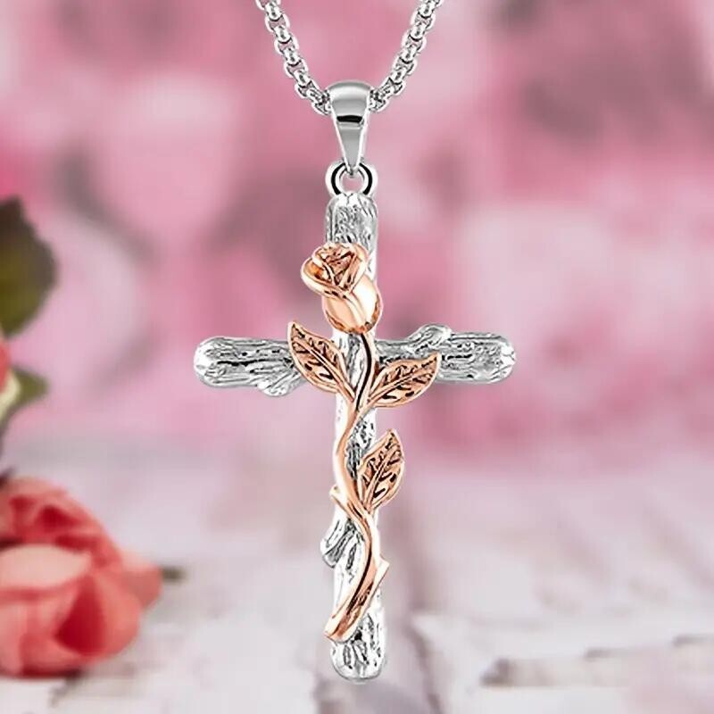 Fashion Rose Golden Floral Flower Cross Pendant Necklace Gift Women Silver Color