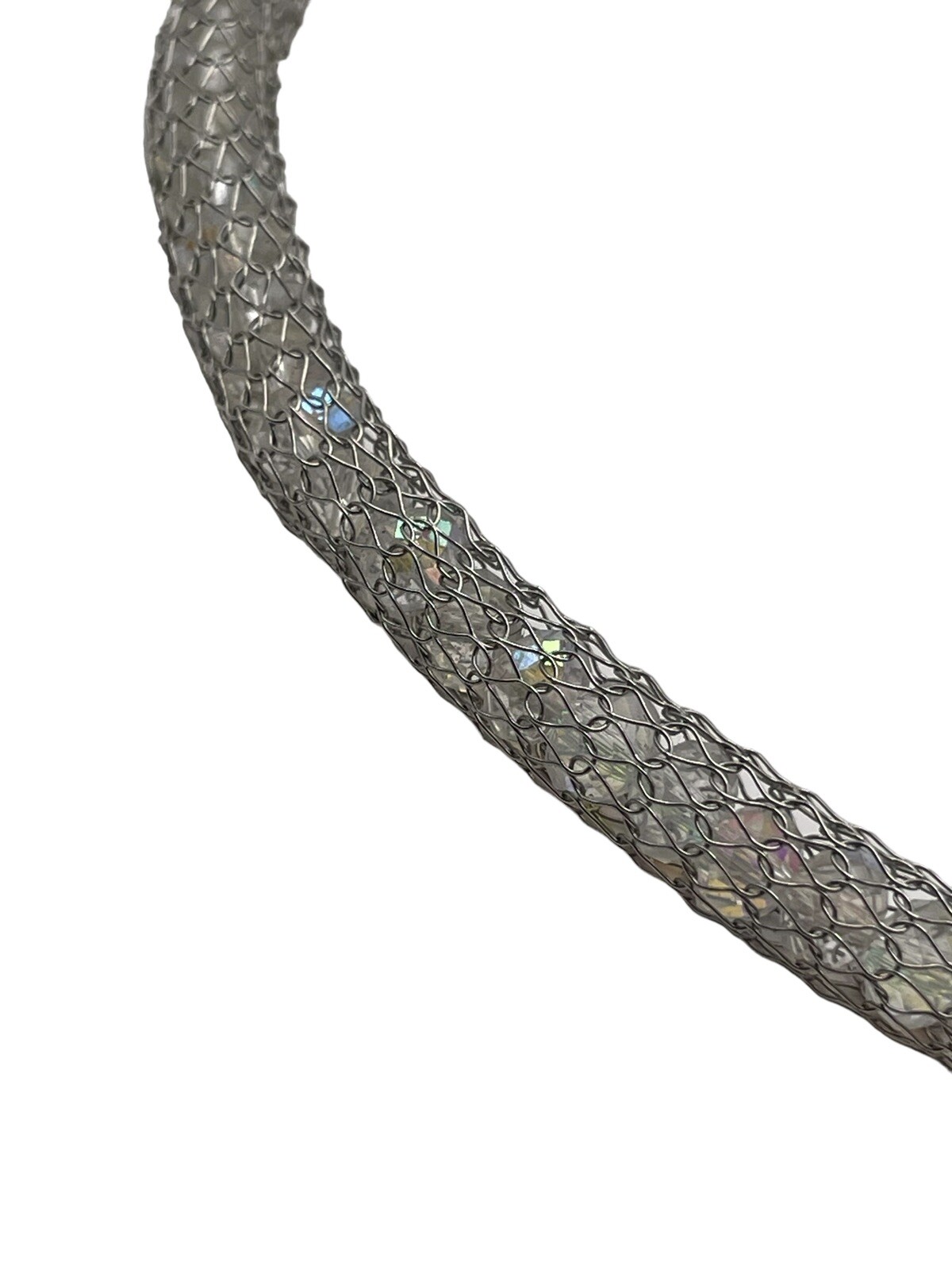 Stainless Steel China Mesh Net Aurora Borealis Bead Silver Tone Necklace Modern