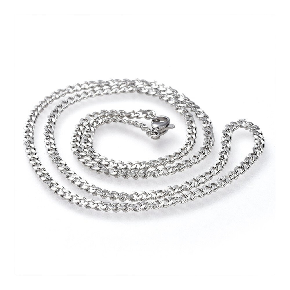 304 Stainless Steel Curb Chain Necklace Lobster Silver Color 19.5″ 3mm  A260