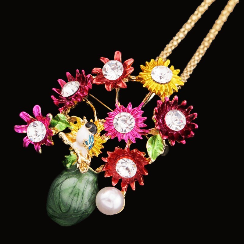 Fashion Multicolour Enamel Cute Flower Vase Crystal Pendant Women Necklace Gift