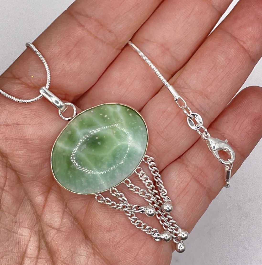 Green Larimar Sterling Silver plated Fringe Pendant Necklace