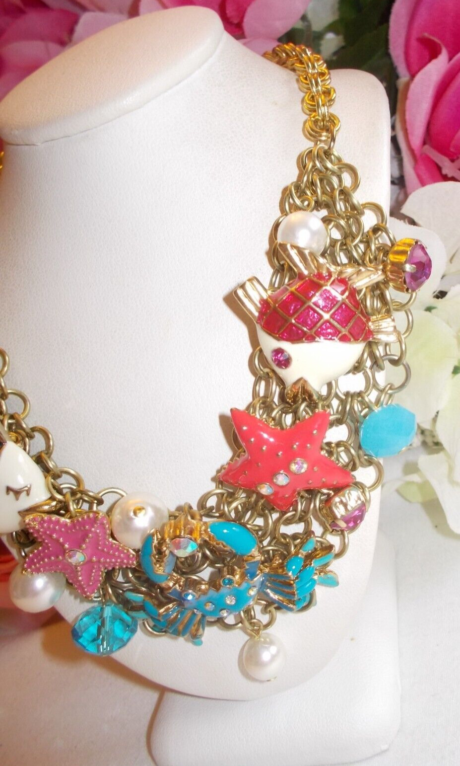 BETSEY JOHNSON LOVELY SEA LIFE CRYSTAL AND ENAMEL MULTICHARM STATEMENT NECKLACE