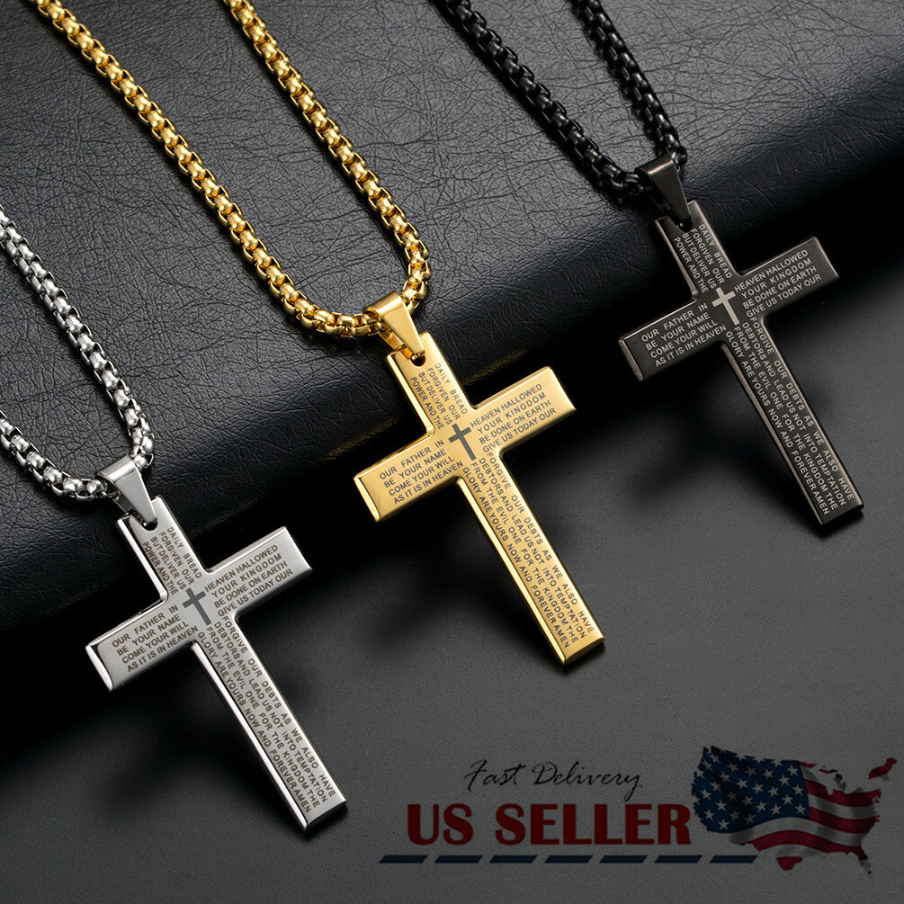Men Boys Stainless Steel Cross Pendant Necklace Lord’s Prayer Bible Chain 24″