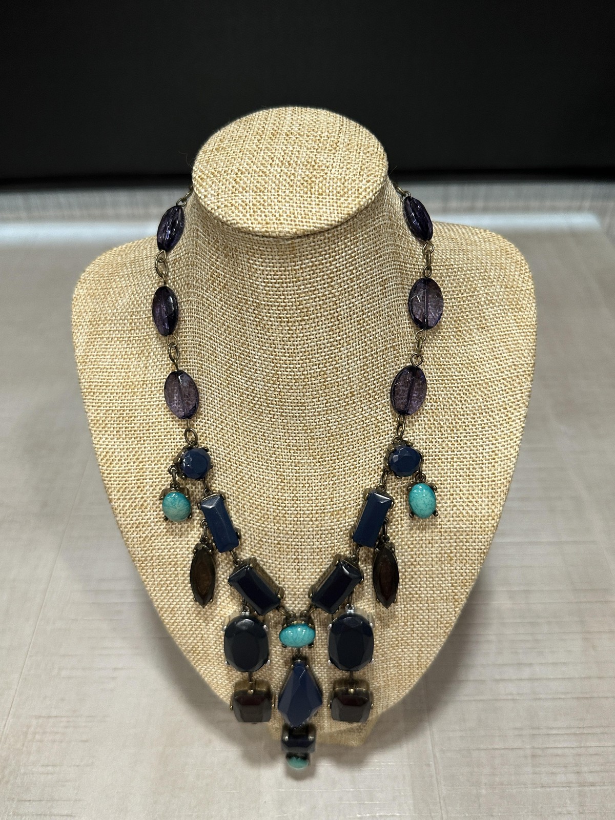 Chico’s Necklace Multicolor Bib Statement Faceted Stones 15 In Lobster Clasp