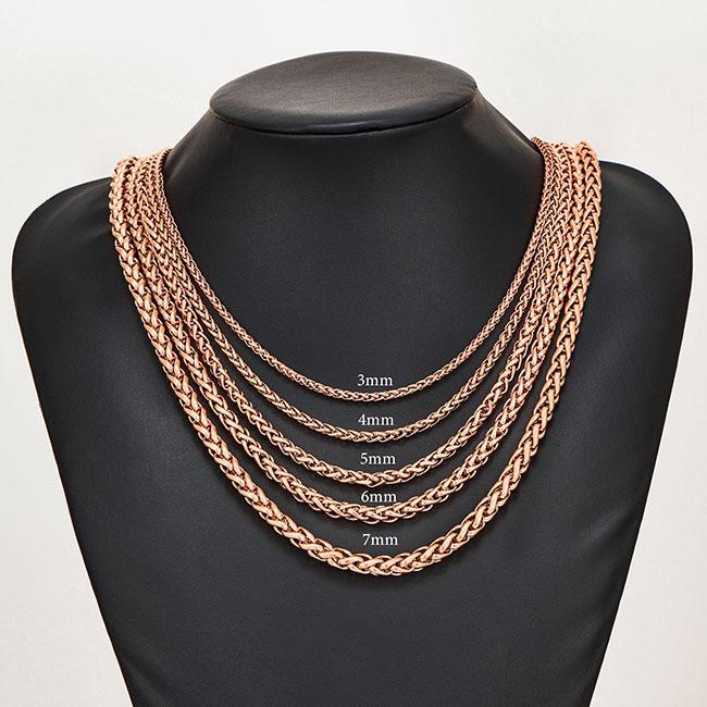 Braided Wheat Link 3-7mm Mens Chain Rose Gold Stainless Steel Necklace Gift
